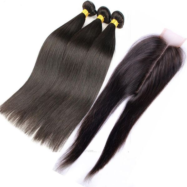 Unprocessed Human Hair Bundles With Closure Straight Brazilian