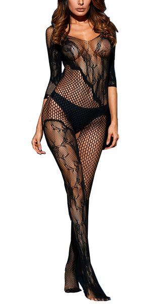 

Women Asymmetric Lace Mesh Body Stocking 3/4 Sleeves Backless Open Crotch Fishnet Exotic Jumpsuit Underwear Teddy Lingerie