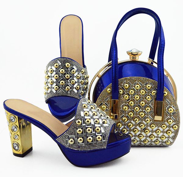 

popular royal blue women dress shoes with rhinestone decoration african pumps match handbag set md007,heel 10cm