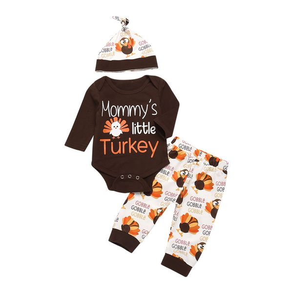 

ins baby romper + брюки + шапочка mammy's little turkey принт детская одежда весна и осень младенцы с длинным рукавом шляпа костюмы, Blue