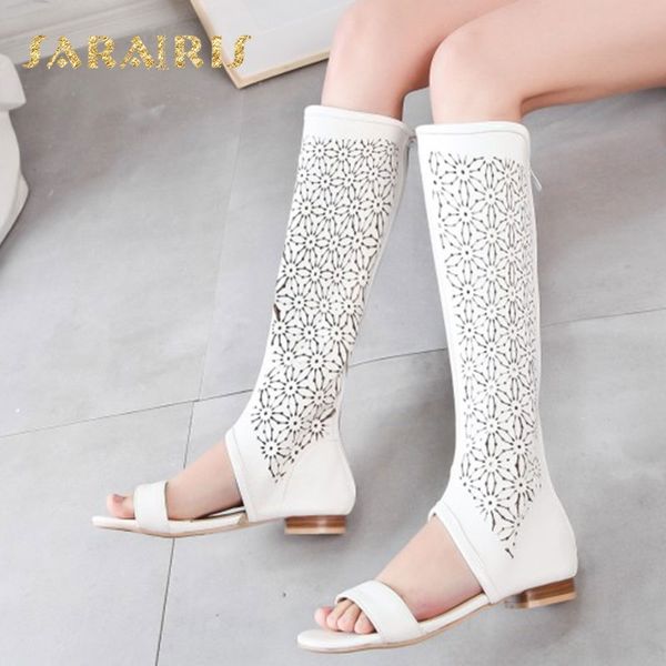 

sarairis hollow out upper low chunky heel open toe summer party wedding casual shoes woman knee boots size 34-48, Black