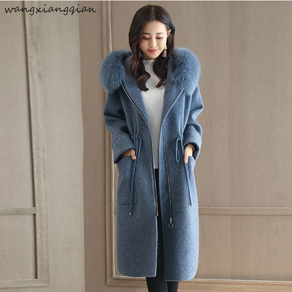 

woolen coat female 2018 winter new women's hooded long coat drawstring was thin solid color woolen women b186, Black