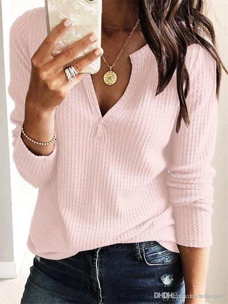 

spring female v-neck blouse fashion designer long sleeve t-shirt womens solid t-shirt casual female clothes, White