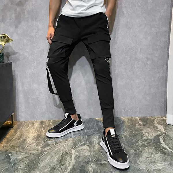 2021 Homens Streetwear Calças Moda Tendência Preto Harem Light Punk Pant Ribbons Casual Slim Basculador Mens Hip Hop Calças LBZ138