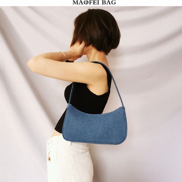 

designer denim blue baguette bags for women retro pu leather underarm handbbags shoulder bags totes bag for women sac purse 2020
