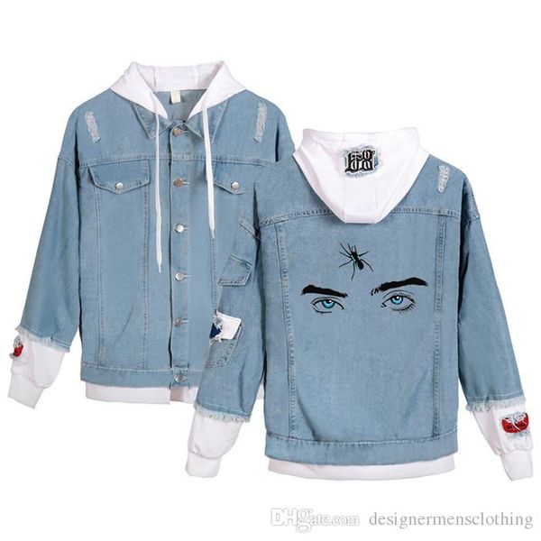 

eyes pattern printed hole panelled single breasted jean jacket men long sleeve hooded jacket couple clothing, Black;brown