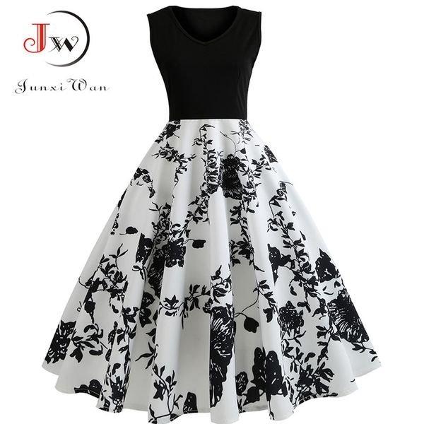 

v neck summer dress women floral print patchwork vintage dress hepburn 50s elegant party dresses plus size sundress, Black;gray