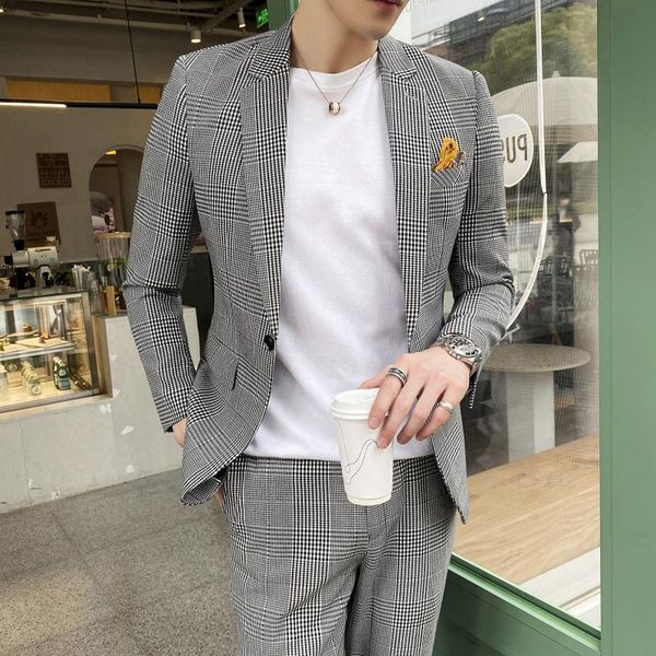 

summer single buckle plaid male suit casual slim wedding suits for men groom tuxedos dress mens suits with pants terno masculino, White;black
