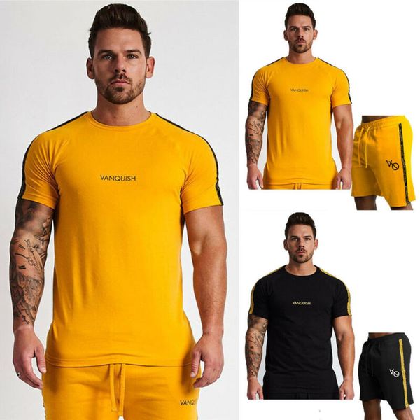 

2pcs set mens crew neck print solid color t-shirts gym sports pants tracksuit suit, Gray
