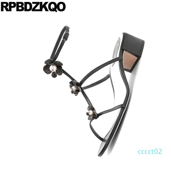 

pearl plus size pumps designer shoes women luxury 2019 wedding sandals rhinestone low heel chunky flower ankle strap gladiator ct2, Black