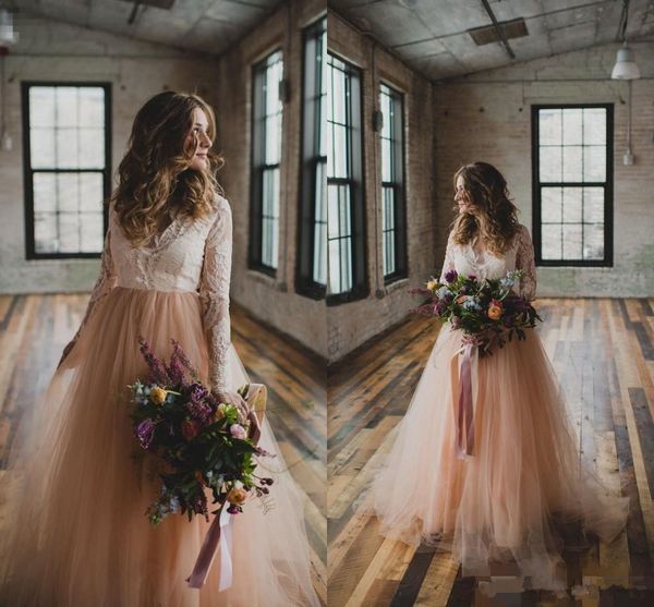 

simple new country wedding dresses with long sleeves lace blush tulle v neck garden beach wedding plus size bridal wedding gowns q67, White