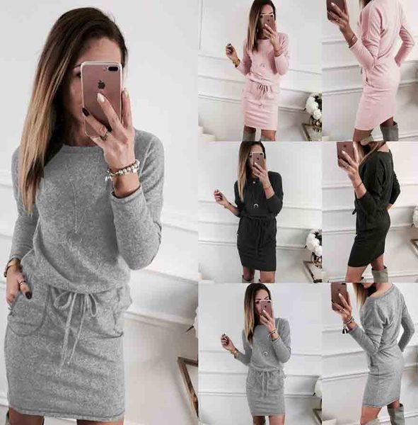 

women dress o neck bodycon solid pocket casual s- xl spring autumn long sleeve europen american fashion clothes, Black;gray