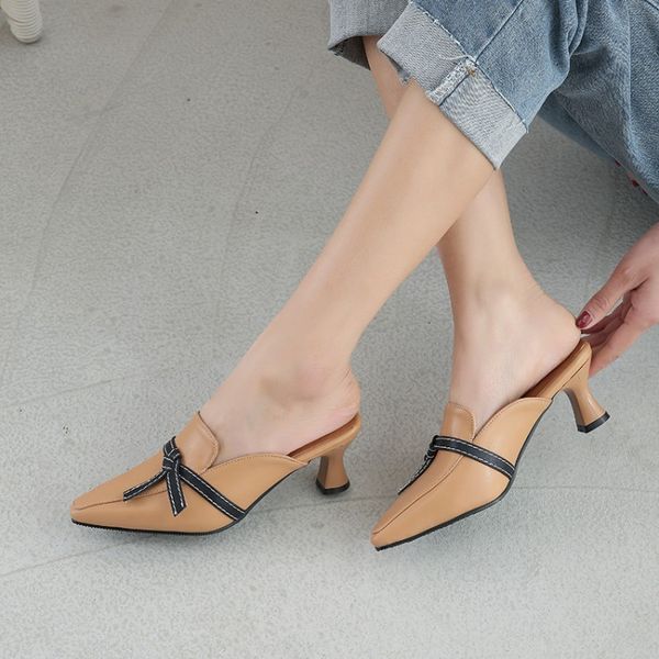 

spring and summer new sandals and slippers women's ladies bows pointed toe small fresh outdoor half slippers women's shoes, Black