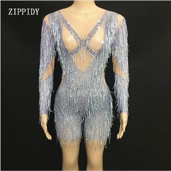 

fashion fringe rhinestones mesh bodysuit transparent women stage dance wear evening celebrate jumpsuit costume, Black;red