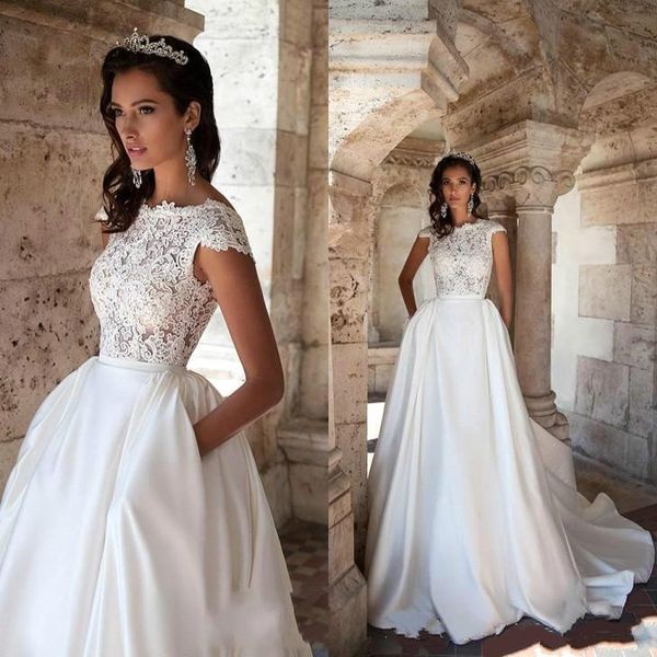 

milla nova cap sleeves satin a line wedding dresses sheer lace applique backless sweep train bridal wedding gowns ab002, White