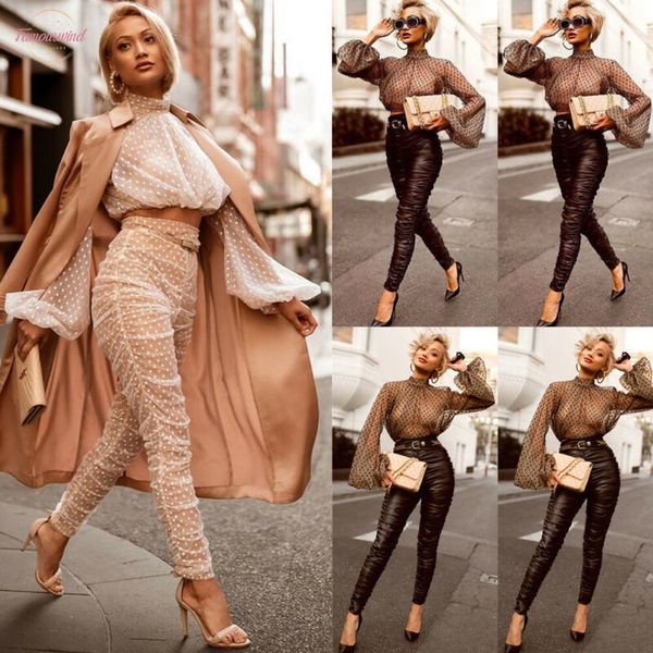 

fashion women puff long sleeve t shirt shirts see through sheer mesh lace fashion crop, White