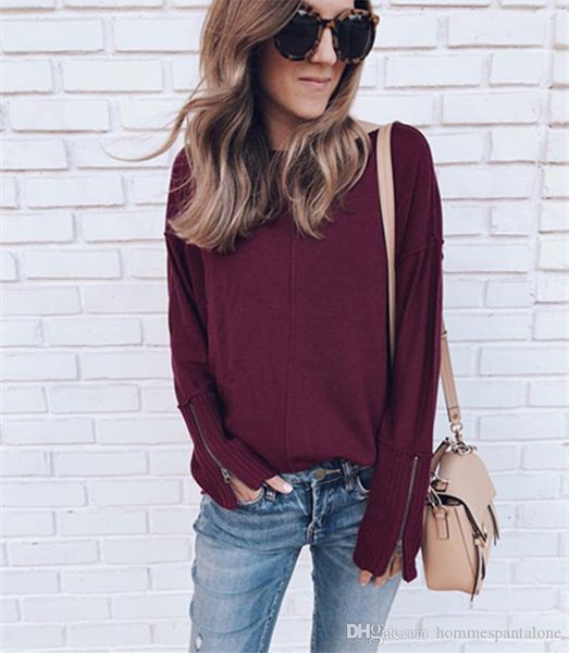 

spring pure color ladies casual crew neck women tees with zipper fashion designer split long sleeve apparel, White