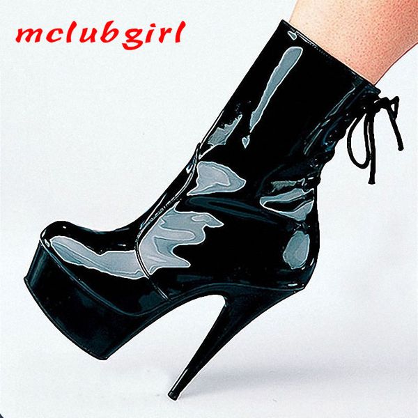 

mclubgirl patient pu women high-heeled wedding boots15 cm thick sole high-heeled boots winter women's boots lyp, Black
