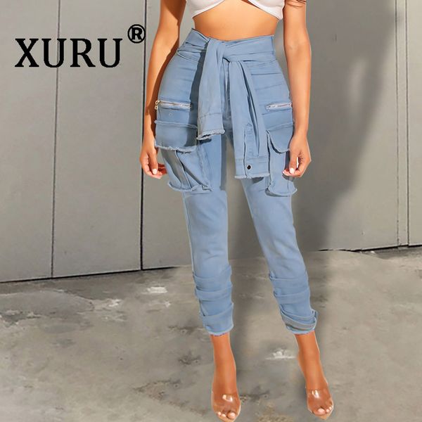 

xuru new women's washed jeans nightclub jeans fake sleeve tie fashion button, Blue