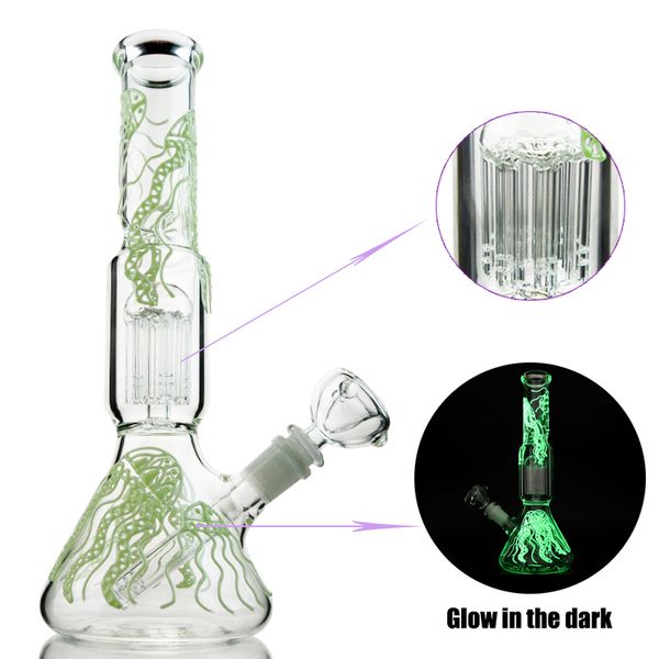 Benzersiz 6 Silah Ağacı Perc Glow Karanlık Cam Bongs Nargile Düz Tüp Yağı DAB Rigs 5mm Kalın Su Boruları Beher Bong Bowl