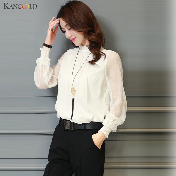 

kancoold shirt blouse women long sleeve stand chiffon lace shirts casual perspective fashion new shirts women 2019 nov8, White