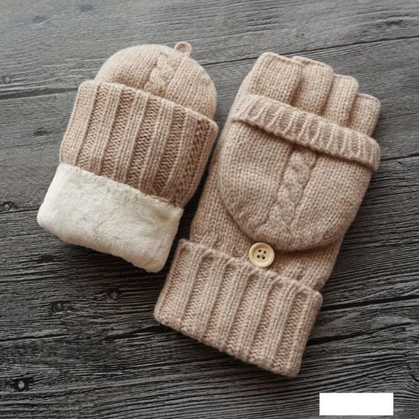 

women fingerless gloves female winter warm knitted wool plus velvet thickening warm mitten flip half finger gloves ing, Blue;gray