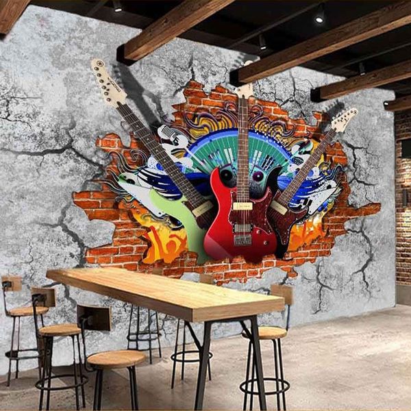 

custom 3d murals wallpaper guitar rock graffiti art broken brick wall ktv bar tooling home decoration wall painting mural fresco