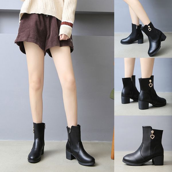 

25#women's fashion winter heart crystal warm thick heels short boots zipper shoes bottillons de femme, Black