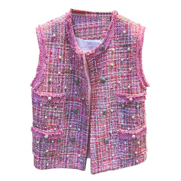 

perhaps u women tweed pink black o neck sleeveless vest plaid jacket loose button beading pocket c0271, Black;white