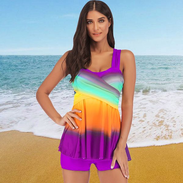 

2019 plus size women two piece swimwear contrast print sleeveless backless beach bathing dress swimwear, White;black