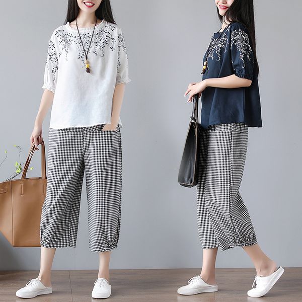 

2020 summer luxury designer new large women's realistic retro drama embroidery cotton t-shirt two piece wide leg pants set, White
