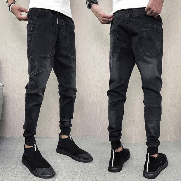 

2019 new fashion men's casual pants, solid color denim harem pants. young men's slim jeans, Blue