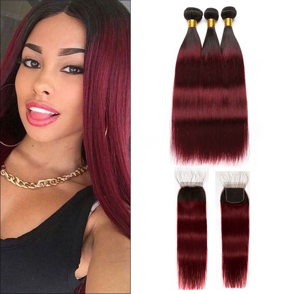 

малазийский straight связки волос с closure ombre 1b / 99j малазийский волос пучки с closure дешевые человеческих волос weave связки с закры, Black;brown