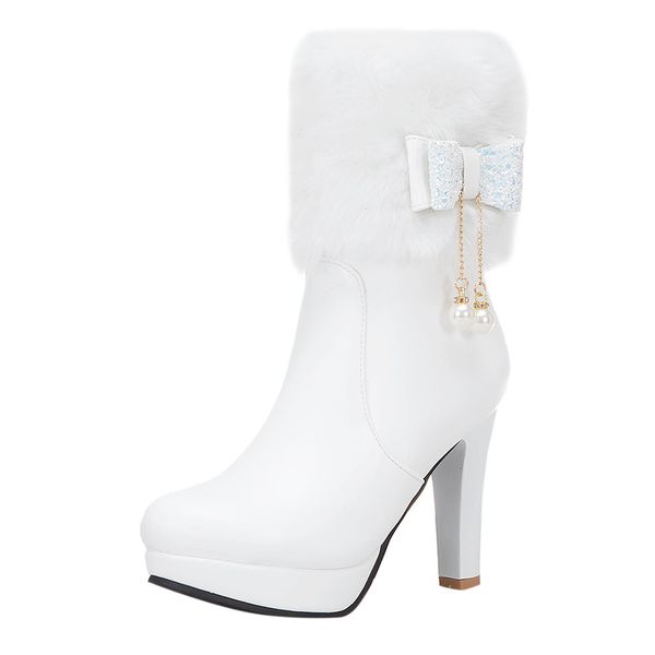 

winter booties women's round head faux fur bow pearl pendant boots elegant lady party high heel white shoes plus size 43, Black