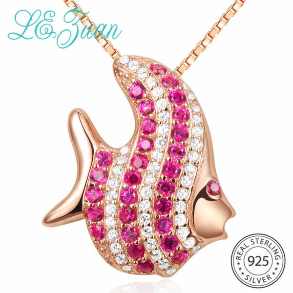 

l&zuan rose gold cute tropical fish shaped pendant necklaces for women created ruby stone pendants s925 silver stone jewelry
