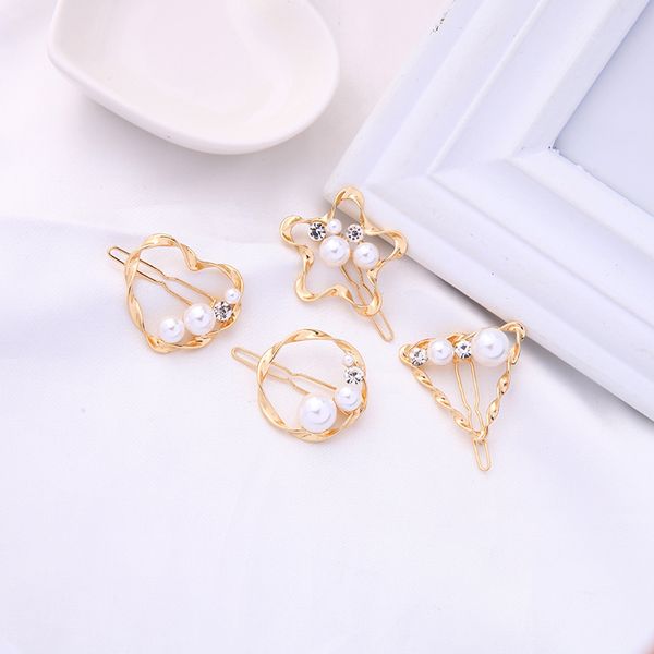 

kissme geometric hair jewelry unique crystal acrylic pearl gold color spiral heart star triangle round barrettes for women gifts, White;golden
