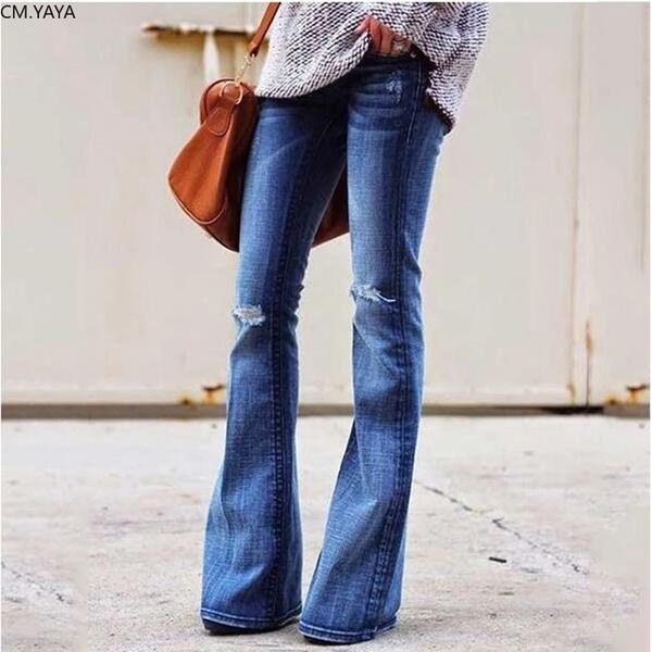 

new 2020 winter denim pants women retro solid color fashion hole jeans skinny flared trousers casual high waist pants g6157, Blue