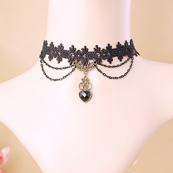 

black vintage lace hollow crystal heart pendant chain women necklace punk fashion goth chocker torques party festival jewelry, Golden;silver