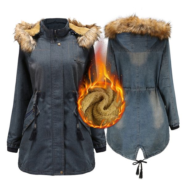 

women warm parkas windproof outwear outdoor hooded faux fur collar coat cotton padded thick winter fashion jean denim coat lady, Black