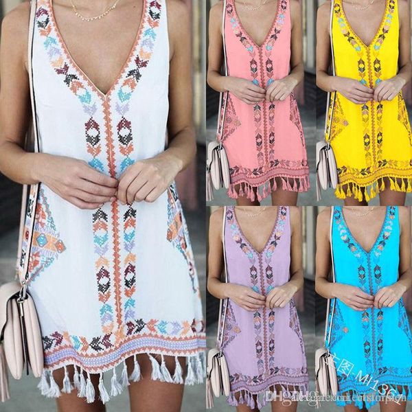 

v neck designer womens dresses tassel printed sleeveless womens dresses casual womens clothing new arrival, Black;gray