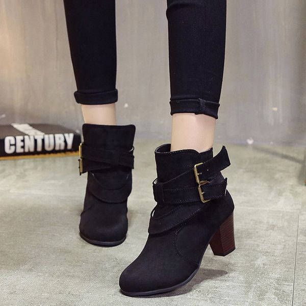 

6cm толстый каблук западная сапоги ковбойские сапоги женщины size35-42 замша сапоги femme hiver 2020 осень nblock пятки моды пряжки короткие, Black