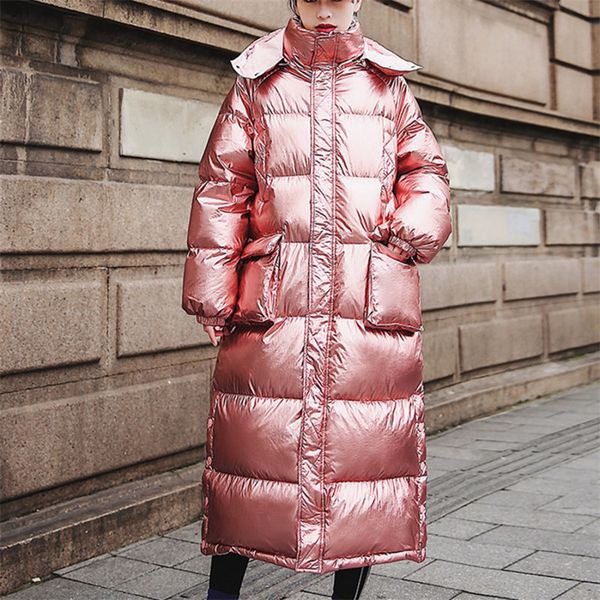 

casual hooded loose outerwear winter jacket harajuku vintage bright sliver x-long plus size down cotton padded coat women zb004, Black
