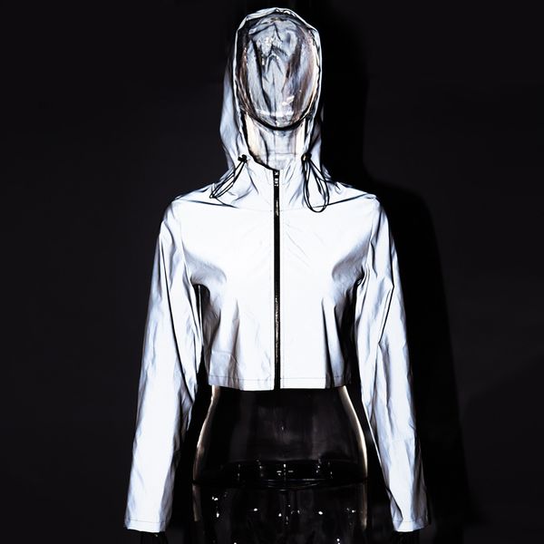 

night reflective women casual hoodies short windbreaker jacket fashion streetwear female zipper soild gray outwear coats casual, Black;brown