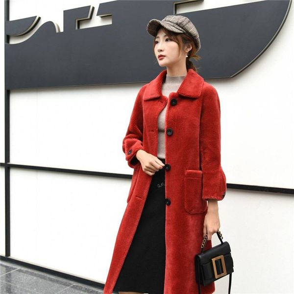 

women winter 2019 slim real fur long coat thick warm sheep shearing fur jacket female oversize lamb overcoat abrigos m74, Black