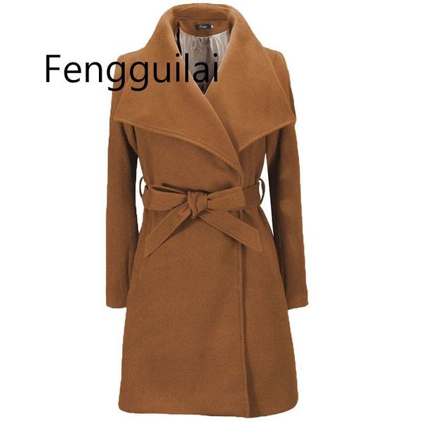 

long winter coat women 2020 fashion casual vintage belt solid jackets blazers elegant office ladies coat casaco feminino, Black
