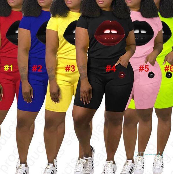 

2020 женщины дизайн спортивные костюмы 2 шт шорты комплекты летние нижнее lips печати с коротким рукавом футболка + шорты брюки sweatsuit се, Gray