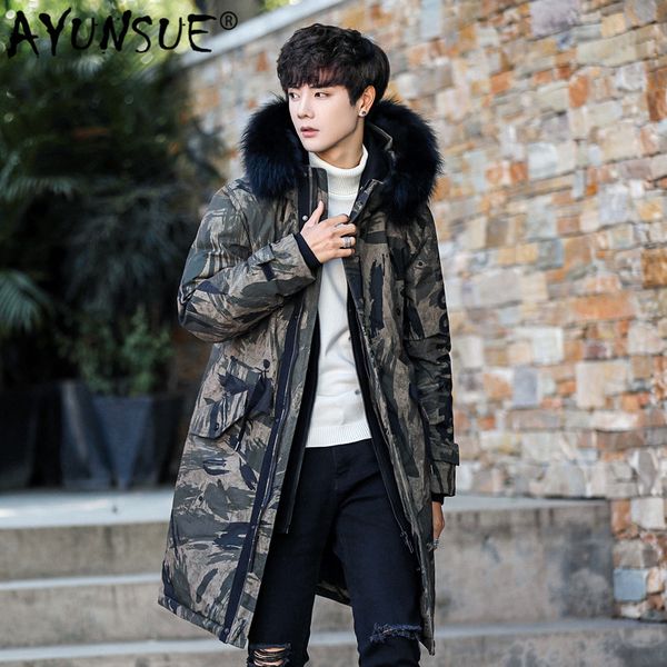 

ayunsue 2019 new winter duck down jacket men camouflage long down coat raccoon fur collar warm men's jackets 19001 kj3446, Black