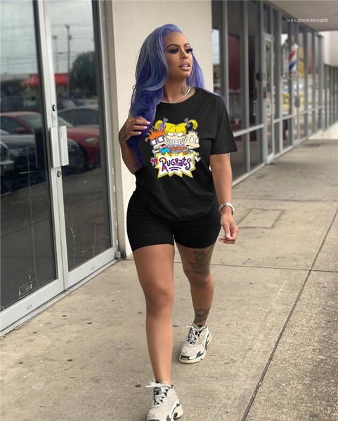 

casual crew neck plus size sets female cartoon print tracksuits summer designer short sleeve 2pcs suits womens, Gray