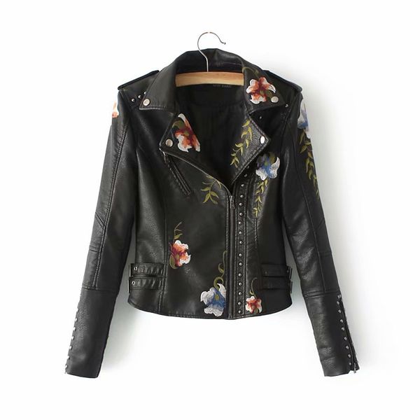 

2019 women winter autumn faux soft leather jacket embroidery floral faux leather jacket pu motorcycle epaulet zipper outerwear, Black