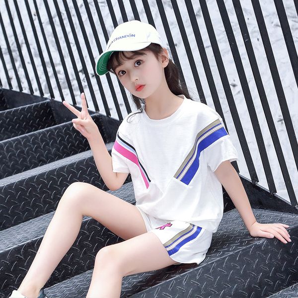 

new summer girls clothes sets children's clothing set short sweatshirt + pants 2 piece baby girl clothes 3 4 5 6 8 9 10 12 years, White